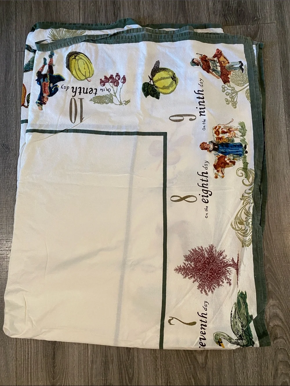 Vintage Williams Sonoma 12 Days of Christmas Green Border Tablecloth 72x100